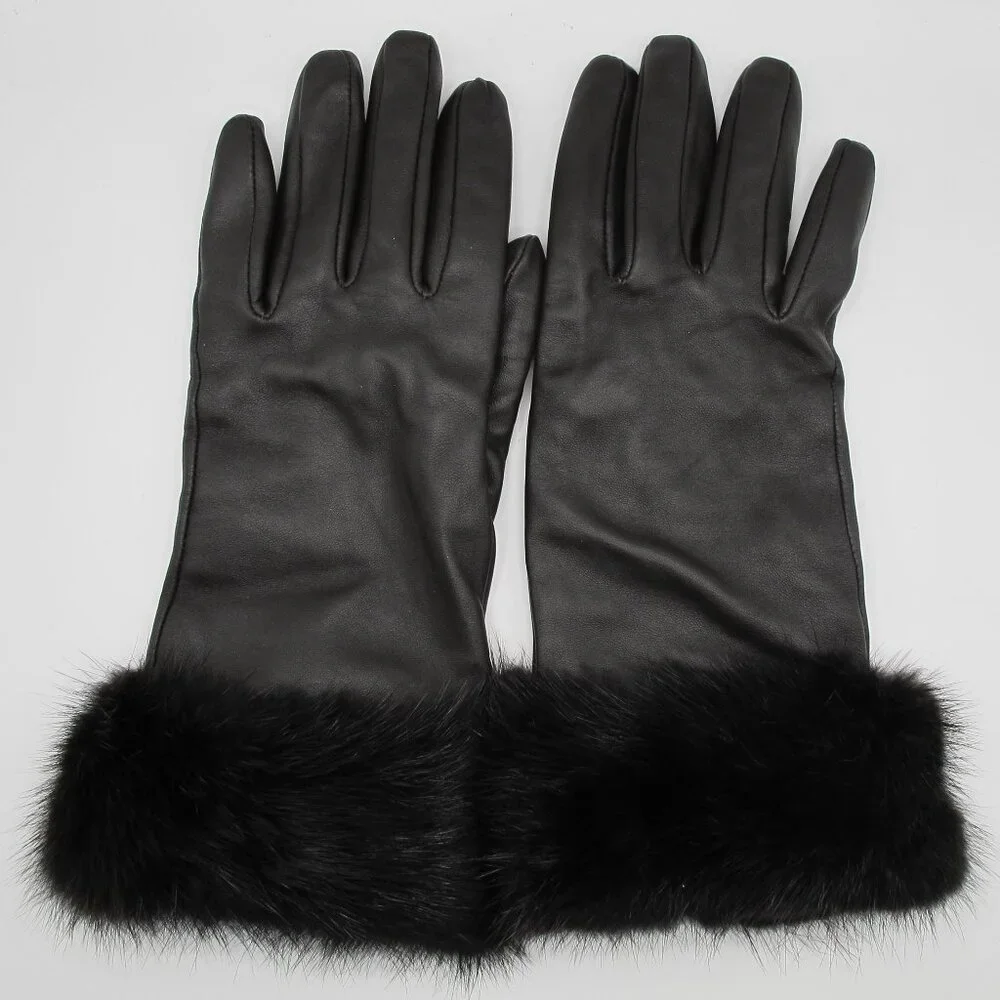 Ladies black leather gloves, cashmere/wool blend lined, mink trimmed M